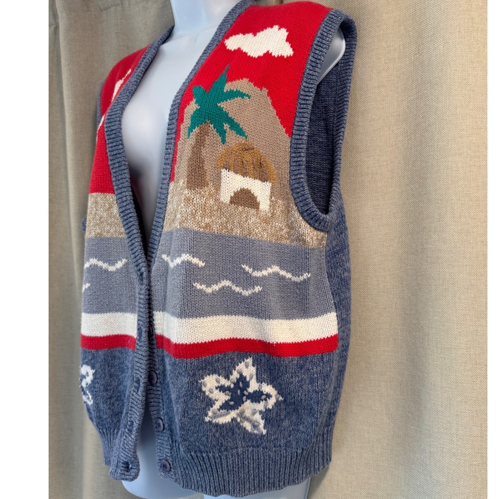 Vintage Koret Blue Beach Scene‎ Knit Vest Sweater Button Up Size L - Picture 4 of 6
